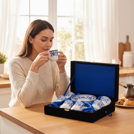 Altılı Kahve Fincan Seti Altın Yaldız Dekor Kadife Kutulu 01-L