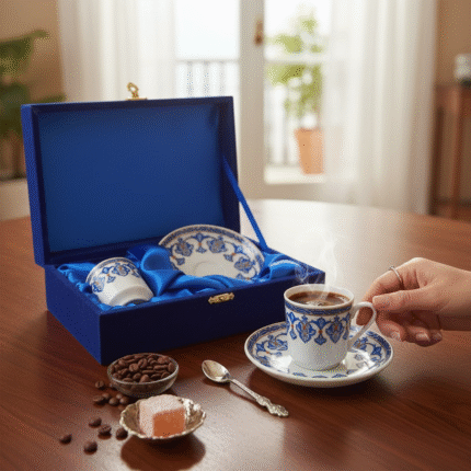 İkili Kahve Fincan Seti Altın Yaldız Dekor Kadife Kutulu 01-SM