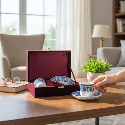 İkili Kahve Fincan Seti Altın Yaldız Dekor Kadife Kutulu 01-B